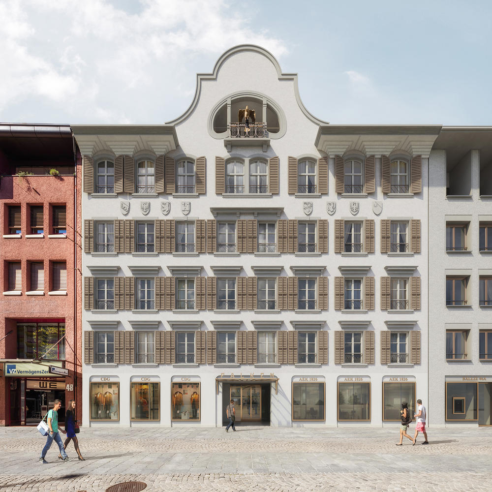 Architekturvisualisierung
Rendering
Falken Conversion,
Thun,Schweiz,
Think Architecture
Hauptfassade
Buero
Beige fensterläden auf fenstern